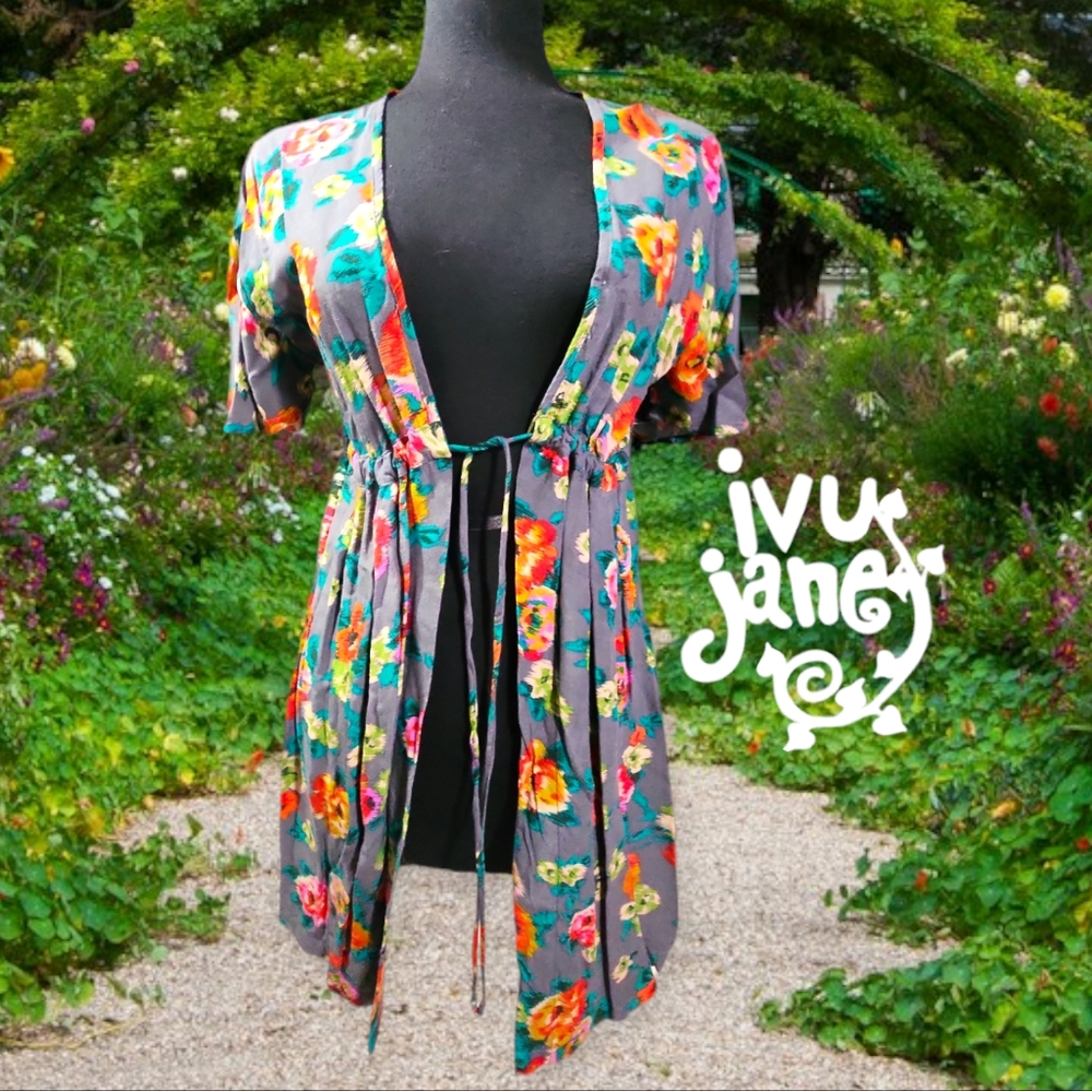 Ivy Jane Abstract Floral Drawstring Waist Cover-up Kimono Grey/Multi L